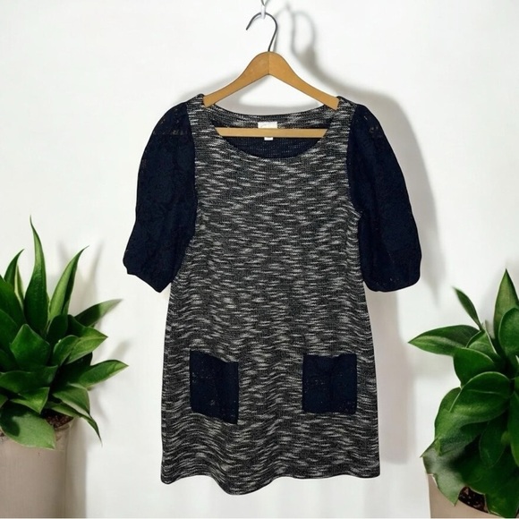 POSTMARK Anthropologie Tweed Black Lace Puff Sleeve Shift Shirt Dress - Picture 1 of 10